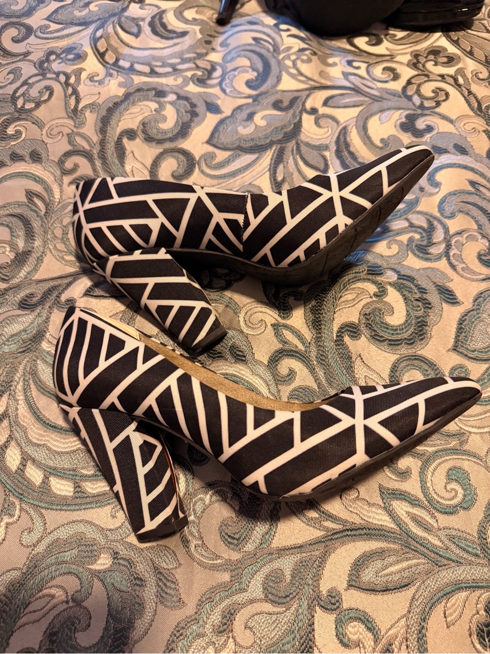 Black and White Geometric Block Heel Pumps
